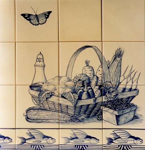 Blue and white still life on hand painted tiles 3