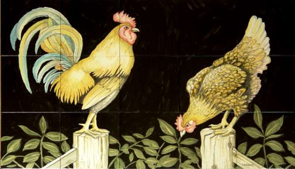 Cockerel and chicken on hand painted tiles