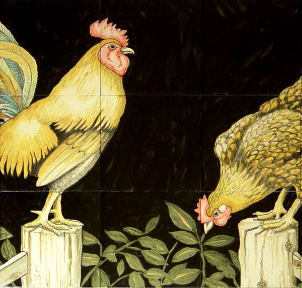 Cockerel and chicken on hand painted tiles