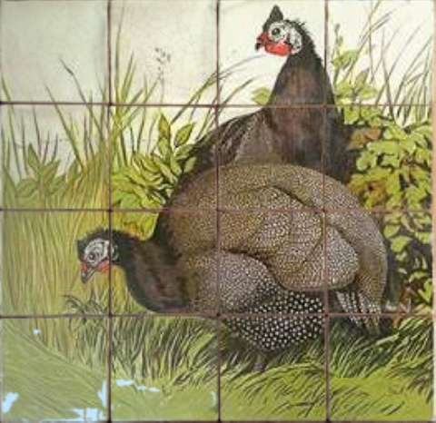 Guinea Fowl Pair on hand painted tiles