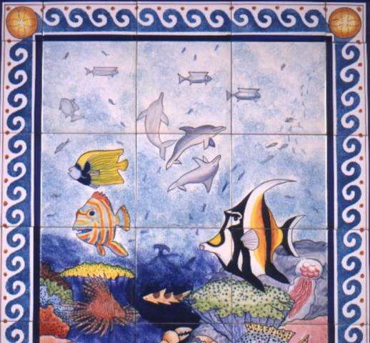 Marine panel and borders on hand painted tiles