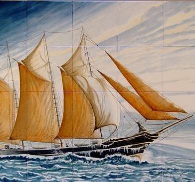 Sailing ship on hand painted tiles - 2
