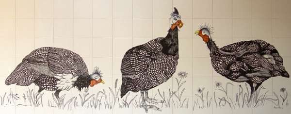 Guineafowl on hand painted tiles