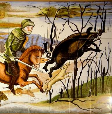 Mediaeval boar hunt on hand painted tiles