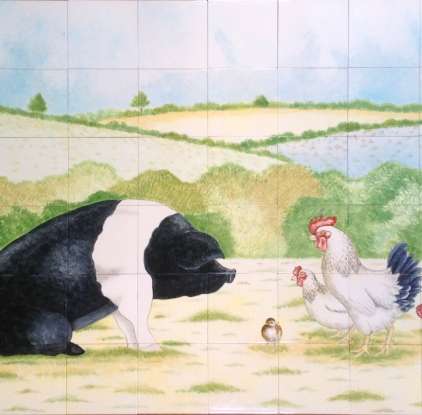 Pig and Chickens on hand painted tiles