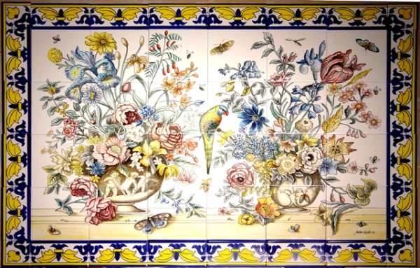 Portuguese Flower Panel With Borders, Hand Painted Tile Murals Uk