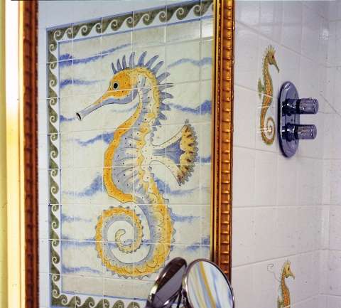 Seahorse panel in bathroom on hand painted tiles