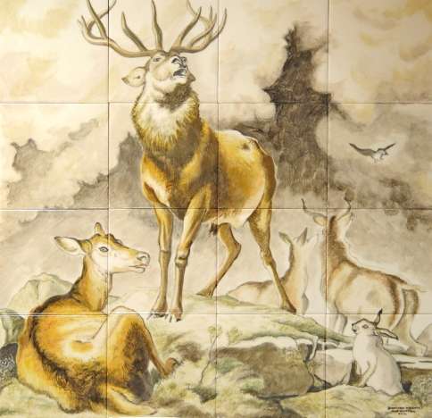 Stag at Bay on hand painted tiles